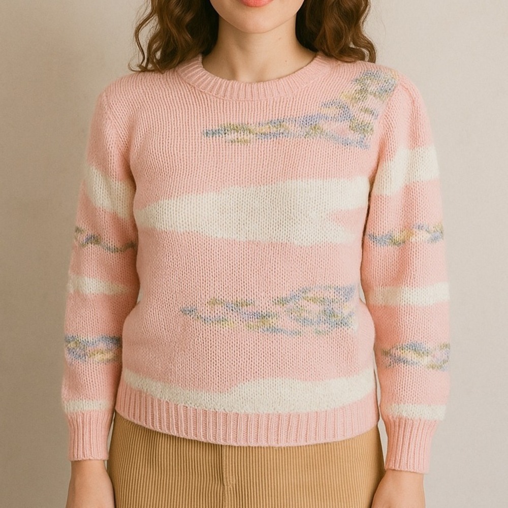 Vintage 80s Marissa Pink Pastel Abstract Knit‎ Sweater Made in Hong Kong M